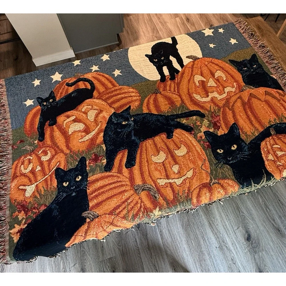Halloween Black Cat Pumpkin Tapestry Autumn Fall Decor Blanket Throw 63